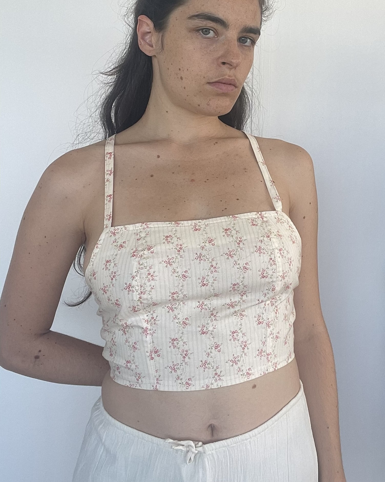 Top à lacets rose fleuri - S
